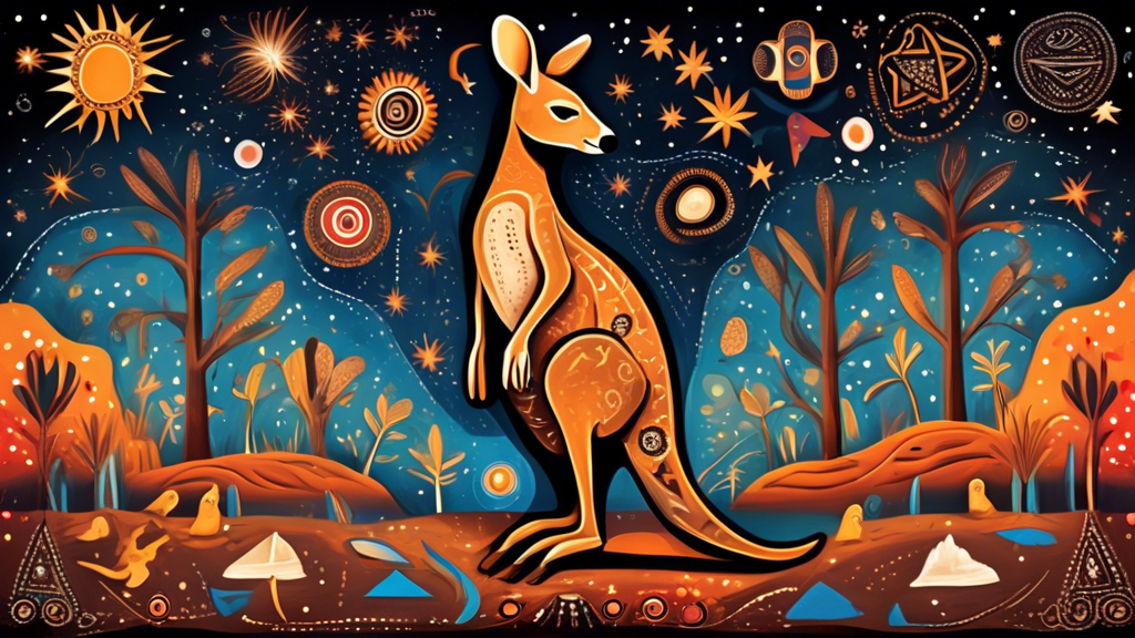 An artistic representation of a kangaroo standing under a starry sky, surrounded by various ancient symbols and Aboriginal art, highlighting the cultural and spiritual significance of kangaroos in Aus