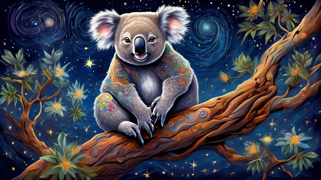 An intricate digital painting of a wise, elderly koala sitting atop an ancient, gnarled tree under a starry night sky, surrounded by various Australian flora and fauna, with subtle symbols of peace an