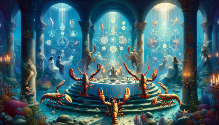 An ethereal, mystical scene depicting various cultural symbols and mythologies associated with lobsters, set in an underwater kingdom with ancient ruins and enchanted light filtering through the sea,