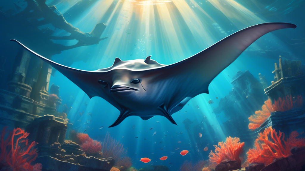 A serene underwater scene depicting a large, gracefully floating manta ray illuminated by sunbeams piercing through the ocean surface, surrounded by scattered ancient ruins covered in coral, suggestin