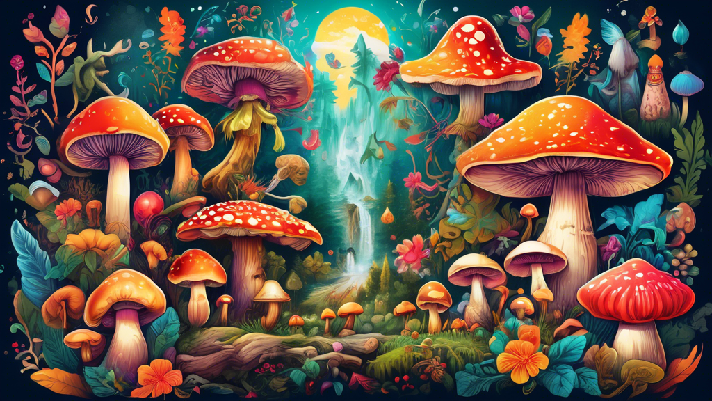 A vibrant and mystical artwork showcasing a variety of mushrooms, each depicted with unique cultural symbols and mystical elements from different parts of the world, surrounded by representatives of t
