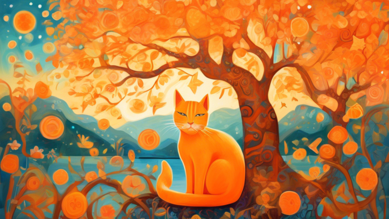 A whimsical painting of a serene orange cat sitting beneath a blooming orange tree, with symbols like the sun, stars, and ancient runes subtly incorporated into the scenery, all bathed in a warm, gold