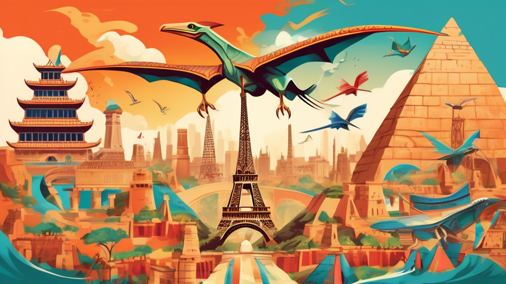 An artistic representation of a pterodactyl flying over different cultural landmarks around the world, including the Pyramids of Egypt, the Great Wall of China, and the Eiffel Tower, each scene beauti