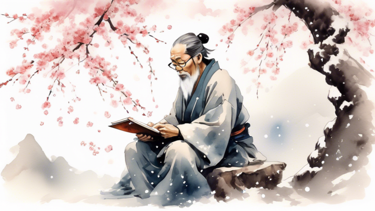 A serene and contemplative scene of an ancient scholar under a snow-covered cherry blossom tree, reading a scroll, with soft snowflakes gently falling around, in a traditional East Asian ink wash pain