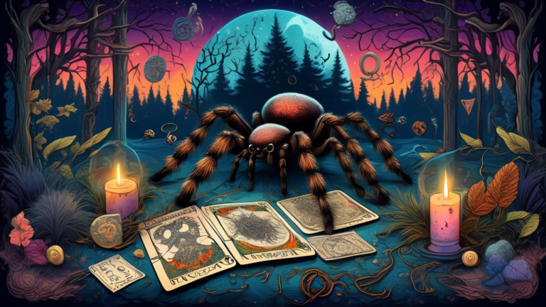A mystical forest scene at twilight with a large, intricately detailed tarantula in the foreground, surrounded by various symbolic elements like ancient runes, a full moon, and scattered tarot cards,