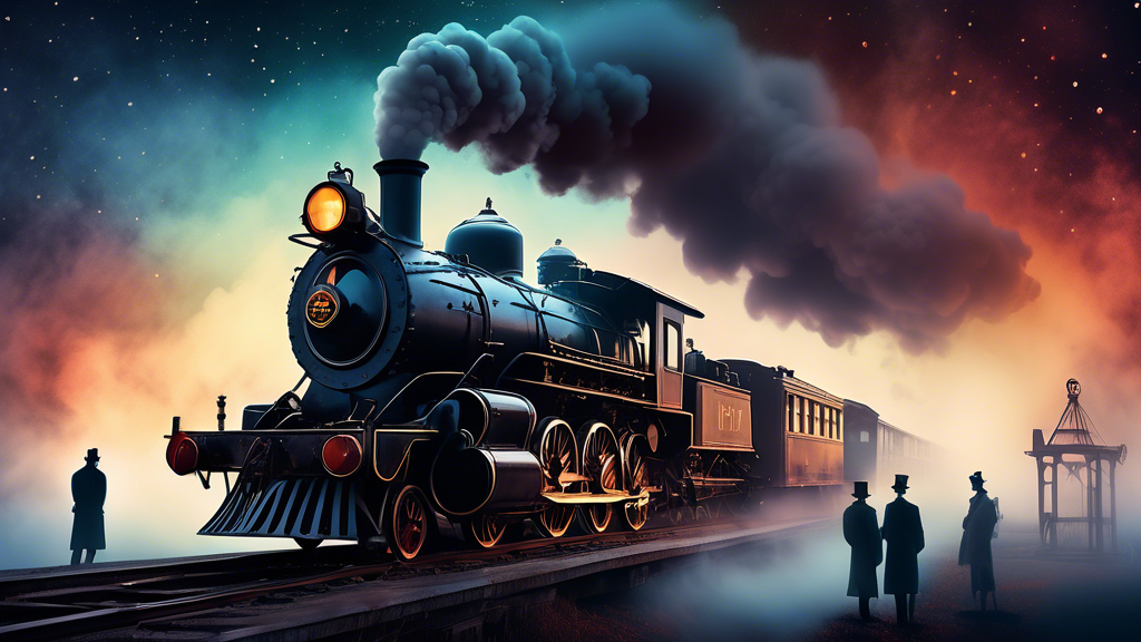 An artistic composition featuring an antique steam locomotive emerging from a thick fog, with ghostly silhouettes of various literary and film characters standing on the platform, under a dramatic, st