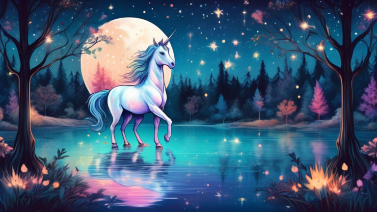 A majestic unicorn standing beside a tranquil lake under a starry sky with a full moon, surrounded by an ethereal forest filled with ancient trees and softly glowing fireflies.