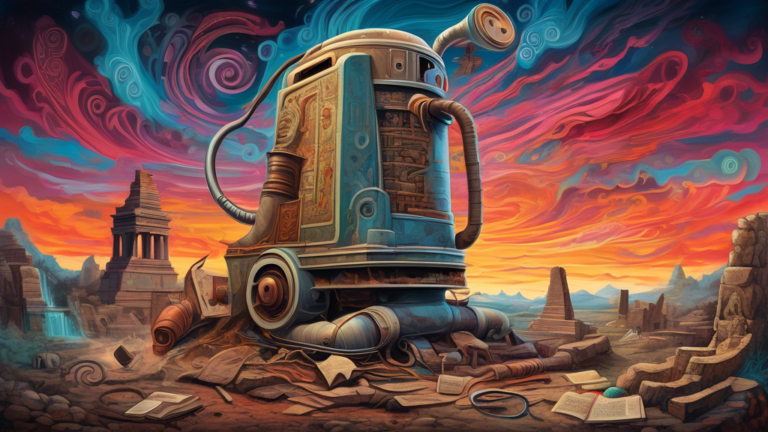 A surreal painting of a giant vacuum cleaner standing amidst ancient ruins, with elements of various historical manuscripts and culturally significant symbols swirling into its nozzle, under a twiligh
