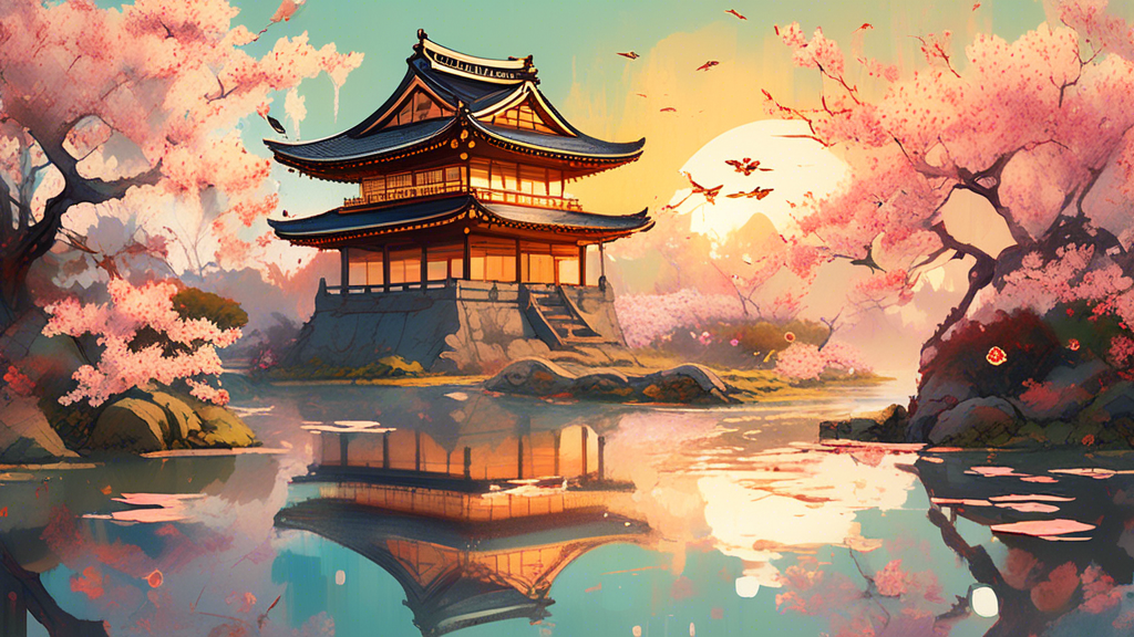 Create an image of a serene, ancient temple garden at sunrise, with golden light filtering through cherry blossoms, where a large, translucent wasp hovers gracefully over a still pond, its reflection