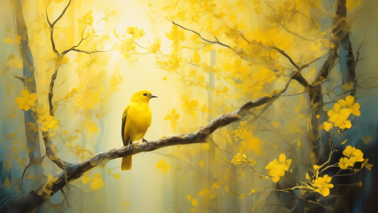 An ethereal painting of a vibrant yellow bird perched on a flowering branch in a mystical forest, with soft sunlight filtering through the trees and shadowy symbols etched in the background.