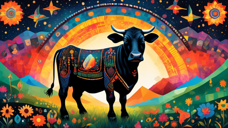 An ethereal landscape at twilight showcasing a majestic black cow, adorned with colorful cultural symbols and artifacts from diverse traditions, standing serene atop a grassy hill. The background is a