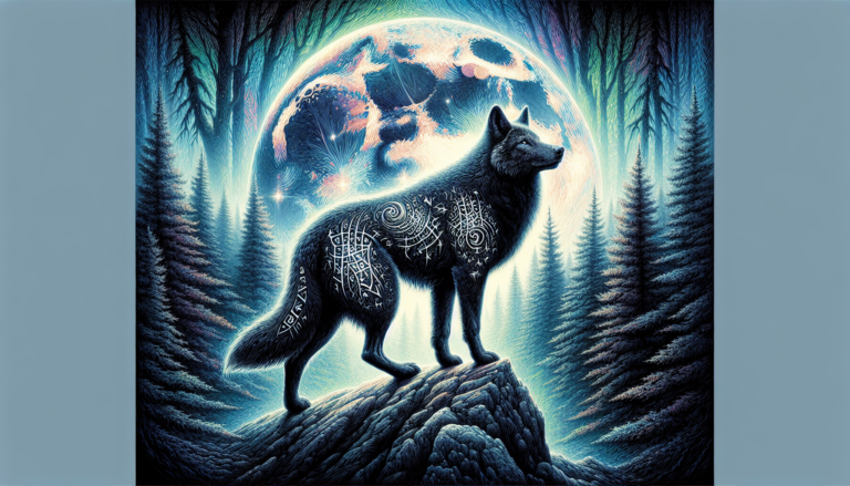 A mystical black wolf standing on a rocky peak under a full moon, with ancient runes glowing softly on its fur, surrounded by a misty, enchanted forest.