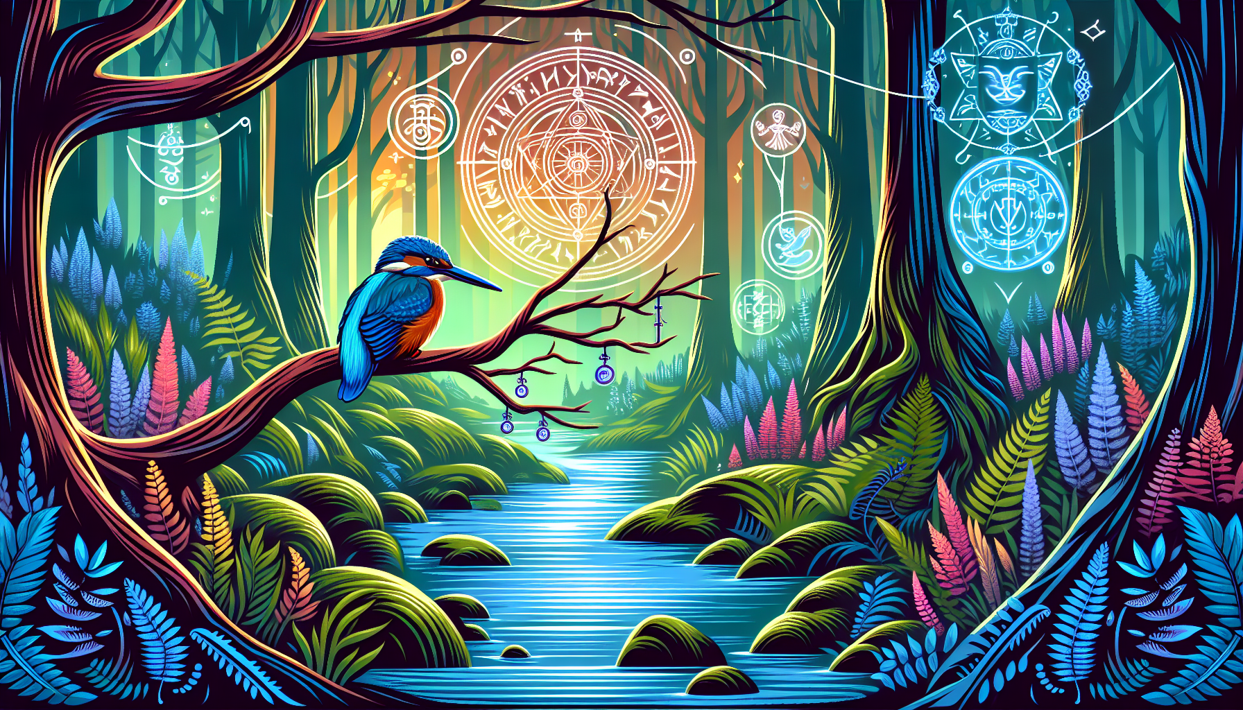 An artistic representation of a vibrant kingfisher perched on a branch overhanging a calm river, with a backdrop of a mystical forest illustrating various symbolic elements like ancient runes and subt