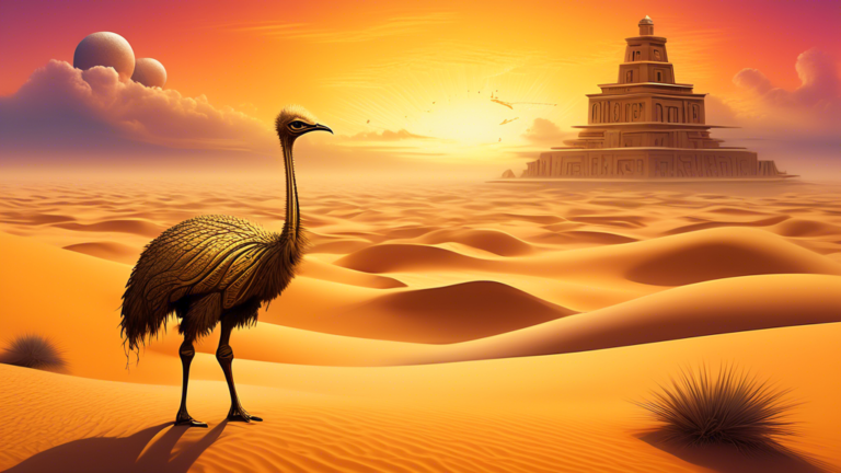 An ethereal and surreal landscape at sunset with a giant golden ostrich flanked by ancient symbols and hieroglyphs, reflecting its cultural significance in various ancient civilizations, set against a
