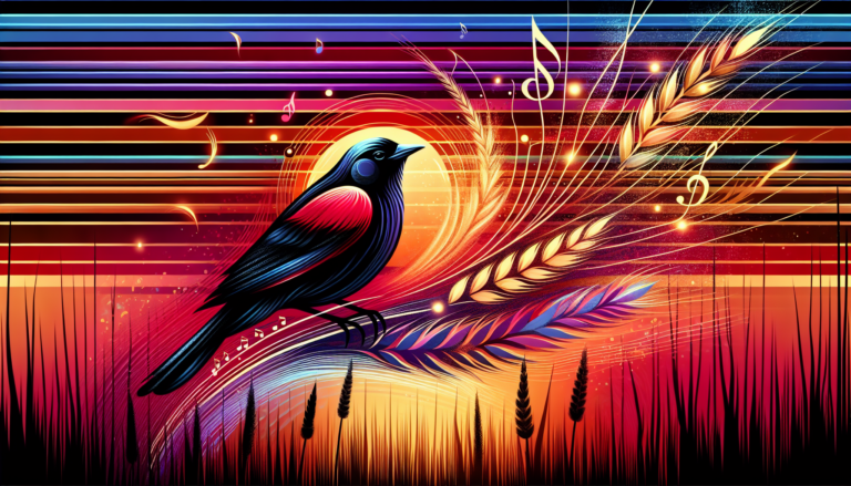 An artistic representation of a red-winged blackbird perched on a golden wheat stalk against a vibrant sunset, with symbolic elements like feathers transforming into musical notes and small sparks of
