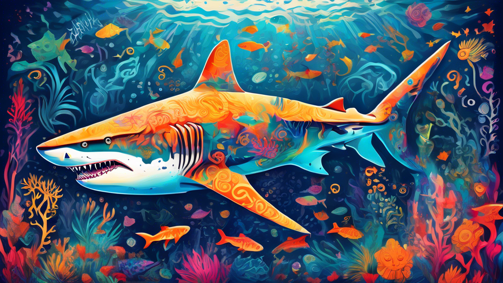 An artistic illustration of a tiger shark swimming through a vibrant underwater scene, dotted with ancient symbols and mystical elements that reveal the cultural and spiritual significance of the tige