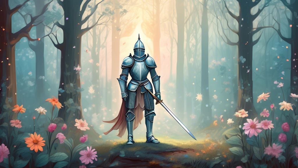 An artistic representation of a medieval knight in full armor, standing solemnly in a misty forest at dawn, holding an elaborately decorated sword upside down with its tip planted in the ground, symbo