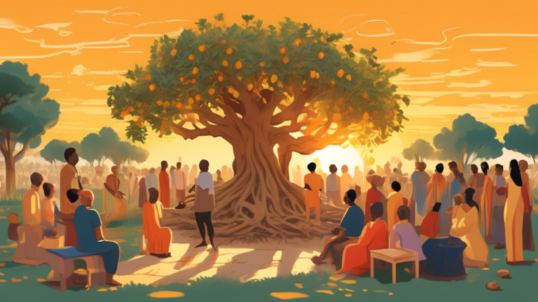 An ancient fig tree with sprawling branches, set in a tranquil garden, surrounded by diverse groups of people from various cultures, each engaging in traditional practices that involve the fig tree, u
