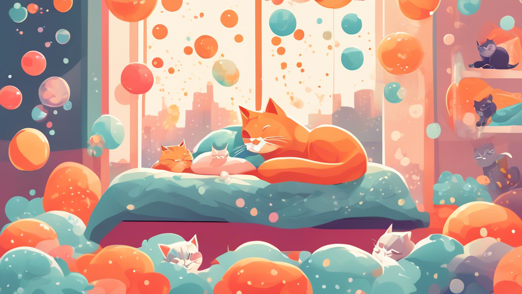 Create an image of a cozy bedroom with a person happily asleep, surrounded by dream bubbles filled with playful and adorable kittens, showcasing the joy of dreaming about these lovable animals.
