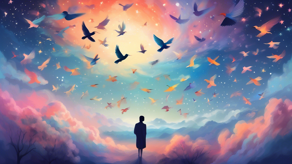 An ethereal, dream-like landscape at twilight, featuring a variety of stylized, colorful birds soaring through a whimsically-clouded sky, with a sleeping person's silhouette transparently superimposed