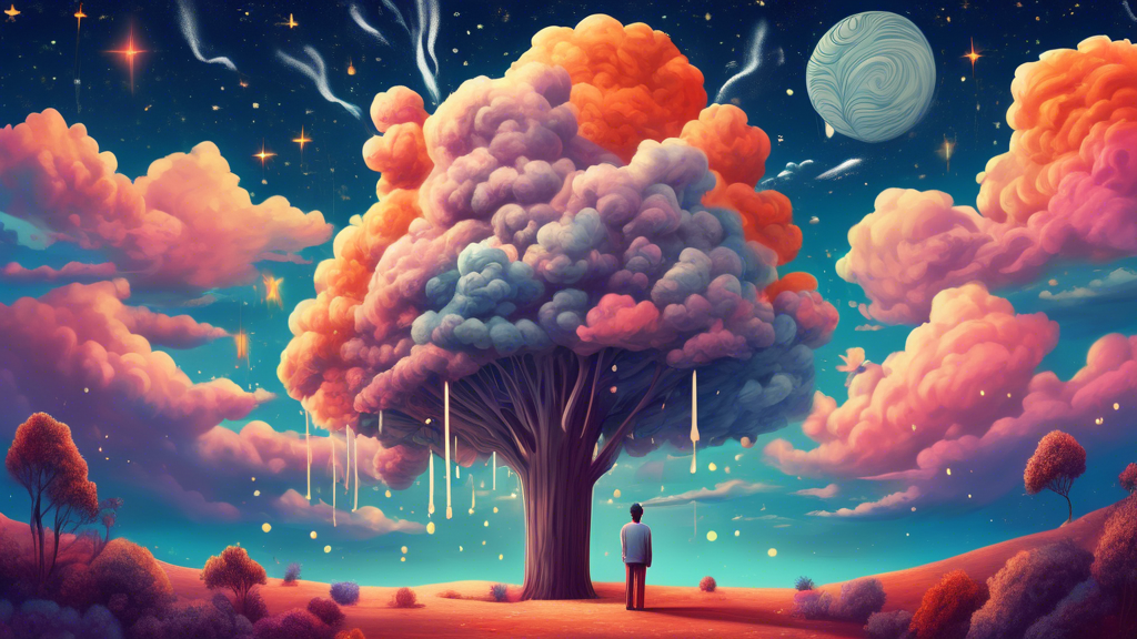 a surreal landscape where giant cigarettes replace trees under a starry sky, with dreamy clouds and a person looking thoughtfully at the scene, symbolizing the psychological interpretation of cigarett