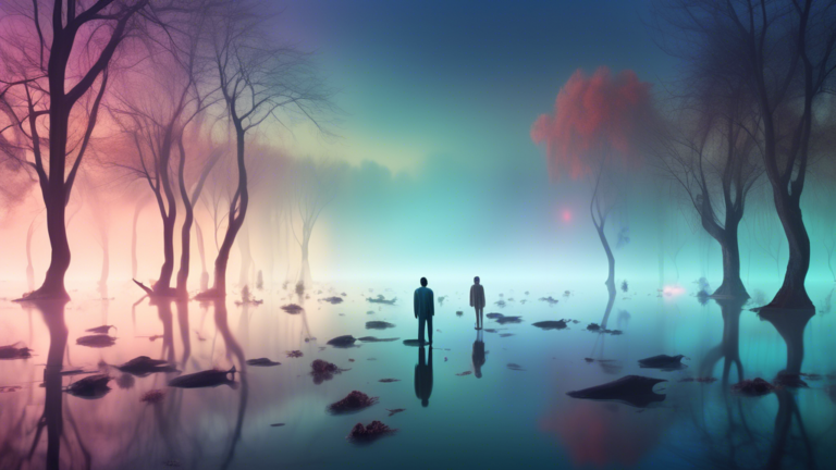 A surreal dream-like scene depicting a person standing on a misty lakeshore at dusk, staring at ethereal, indistinct figures of unknown dead bodies floating on the surface of the water, surrounded by