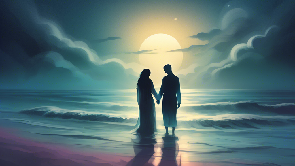 A surreal dream-like scene where a shadowy figure resembling a loved one who passed away is warmly embracing a person on a misty moonlit beach, with translucent waves gently lapping at their feet and