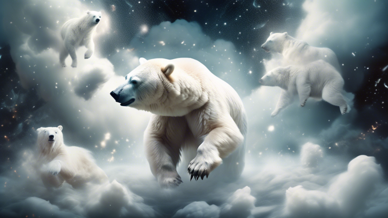 Create an image of a surreal dream scene where a majestic white bear is ferociously attacking its prey, set against a mystical background filled with dream-like elements such as floating clouds, shimm