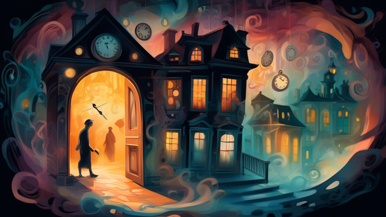 A surreal nighttime scene depicting a dream of a house robbery: the interior of a warmly lit home contrasts sharply with shadowy, ethereal figures trying to enter through transparent, whimsical doors,