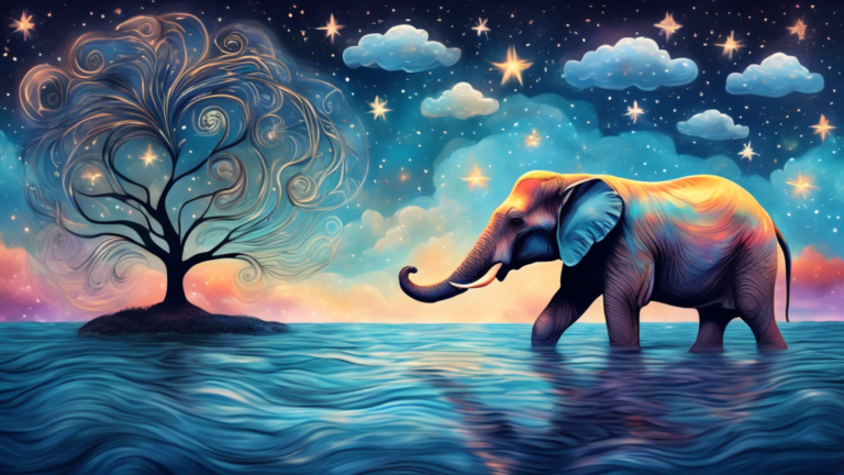 An elephant peacefully sleeping under a starry night sky, surrounded by dreamy clouds forming various symbols like a heart, tree, and water waves, in a serene, surreal landscape.