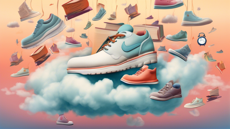 Dream-like surreal illustration of various shoes floating in a misty cloud-filled sky, with a person peacefully sleeping on a gently floating sneaker, surrounded by whimsical elements like clocks and