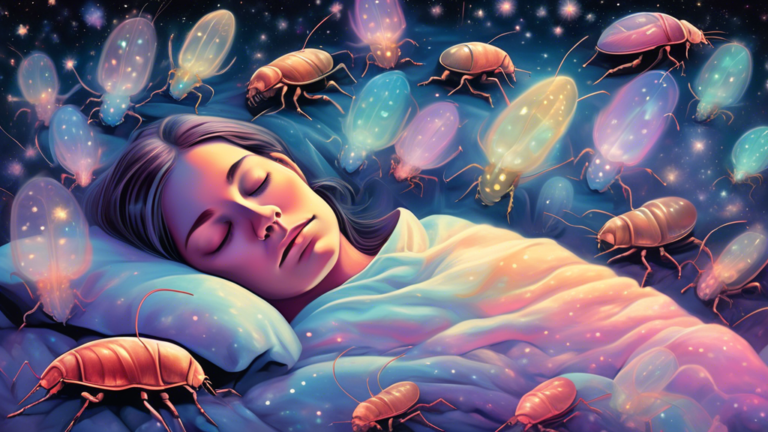 A mystical and surreal scene depicting a person sleeping peacefully under a starry night sky, while transparent or ethereal cockroaches gently float around and above them, each glowing softly in diffe