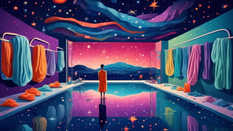 A surreal dream-like image of a person standing in the middle of an oversized, slightly grimy bathroom, with dream-like elements such as floating towels and a mirror reflecting an open, starry night s