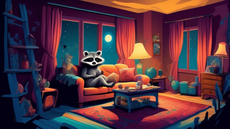A whimsical, surreal image depicting a raccoon exploring a cozy, cluttered living room at night, with moonlight casting mysterious shadows, while a hidden observer peeks from behind a curtain.