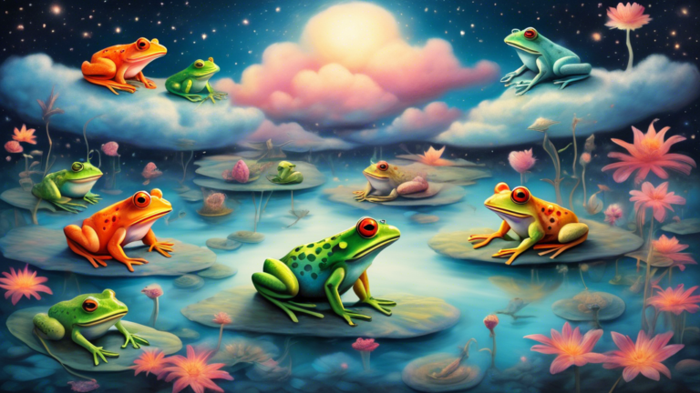 An ethereal dreamscape with a variety of surreal frogs, each embodying different symbolic meanings, floating among soft, cloud-like textures under a starlit sky.