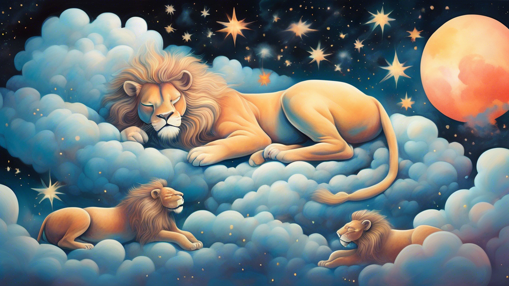 A dream-like surrealistic depiction of a person sleeping under a starlit sky, with translucent, ethereal lions floating around them, surrounded by gentle, misty clouds and a faint glow of moonlight il