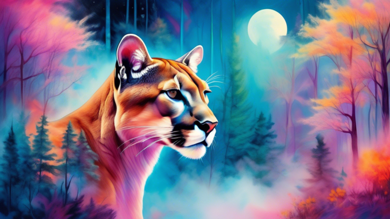Vibrant painting of a mountain lion emerging from the mist in a surreal, dream-like forest with ethereal colors and a moonlit sky.