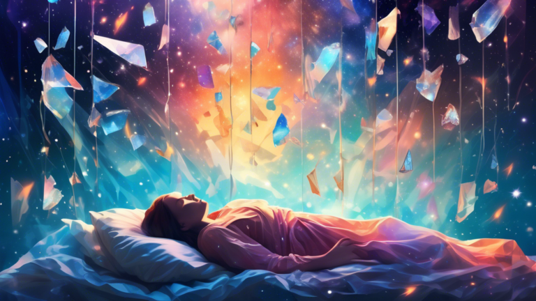 An ethereal dreamscape with translucent shards of broken glass floating around a sleeping person under a starlit sky, conveying a sense of mystery and spiritual reflection.