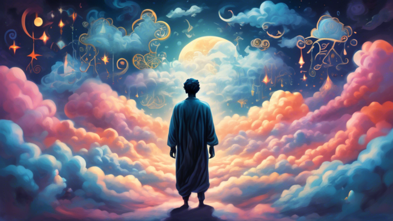 A surreal, dream-like image depicting a shadowy male figure surrounded by ethereal clouds and glowing symbols of different spiritual motifs, in a vast and serene landscape bathed in moonlight.