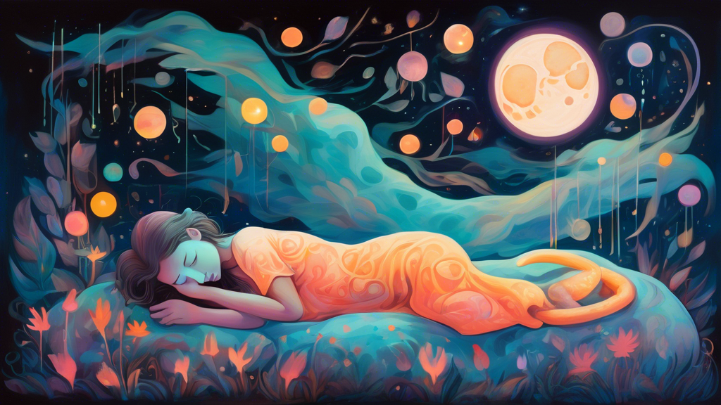 An ethereal and mystical painting of a person sleeping under a luminous full moon, dreaming of a glowing, translucent cat gently biting their hand, surrounded by floating symbols and soft, glowing col