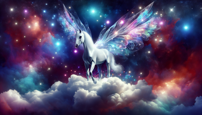 An ethereal white horse standing on a cloud amidst a dreamy, star-filled night sky, with transparent, delicate wings, surrounded by soft, glowing orbs of light.