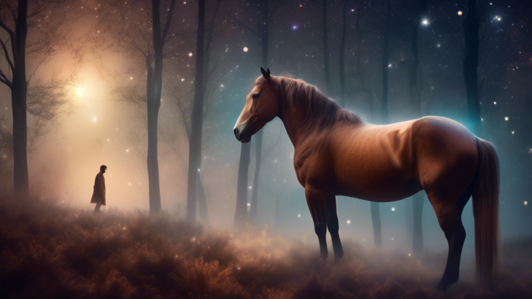 Create an ethereal, dream-like image of a person peacefully sleeping under a starry sky, with a translucent, large brown horse gently approaching through a misty, glowing forest. The setting is serene