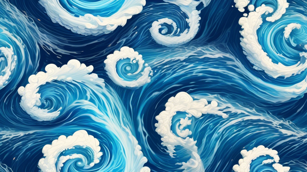 A stunning aerial view of multiple giant ocean whirlpools, demonstrating the powerful, swirling vortexes naturally occurring in deep blue sea waters, under a luminous, partly cloudy sky.