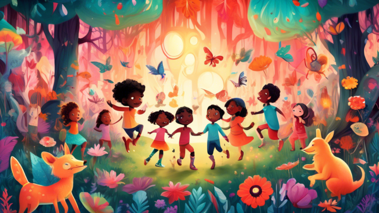Whimsical illustration of a group of diverse children playing together in an enchanted forest, surrounded by colorful, oversized flowers and gentle, fantastical creatures under a glowing, magical sky.