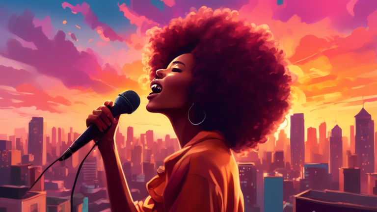 A young woman with an afro, standing on a city rooftop at sunset, passionately singing into a microphone, with an audience cheering below and a dreamy city skyline in the background.