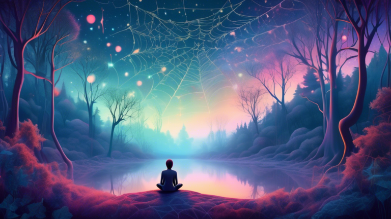 A surreal dream-like landscape with a giant gentle spider composed of translucent celestial stars, surrounded by misty, ethereal forests under a twilight sky, with a small figure of a person sitting c