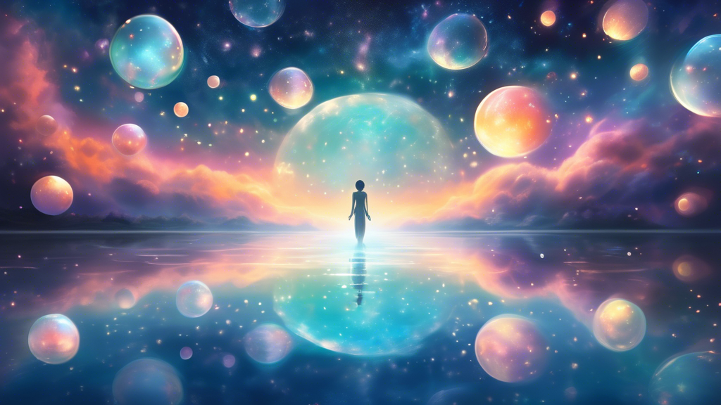 An ethereal scene depicting a person peacefully floating above a serene waterscape under a starlit sky, surrounded by gentle, glowing orbs and wispy, translucent clouds, encapsulating a sense of tranq