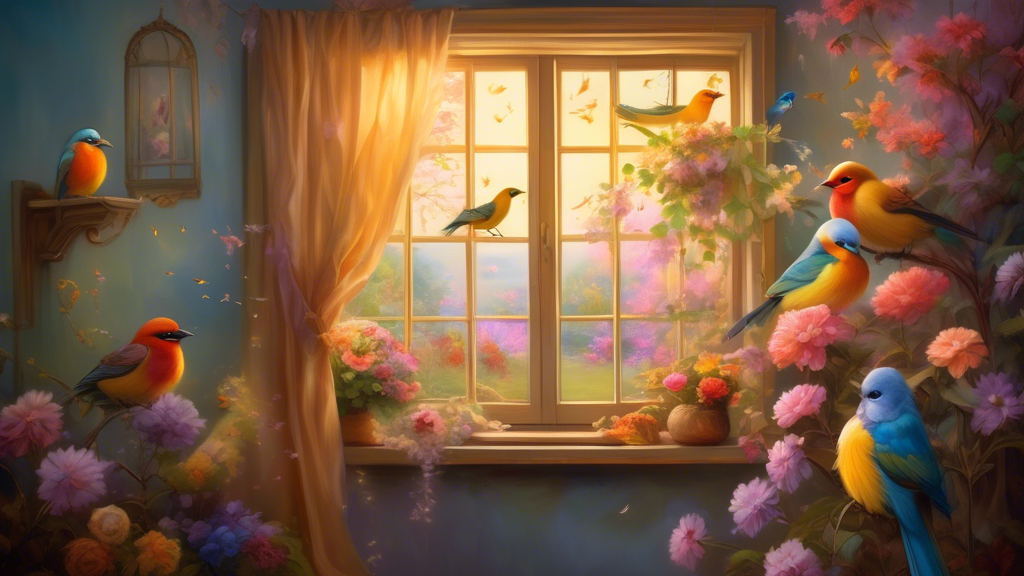 Create an image of a serene, mystical scene where various colorful birds are peeking through a window of a quaint, cozy house. The window has gentle, flowing curtains and is surrounded by blooming flo