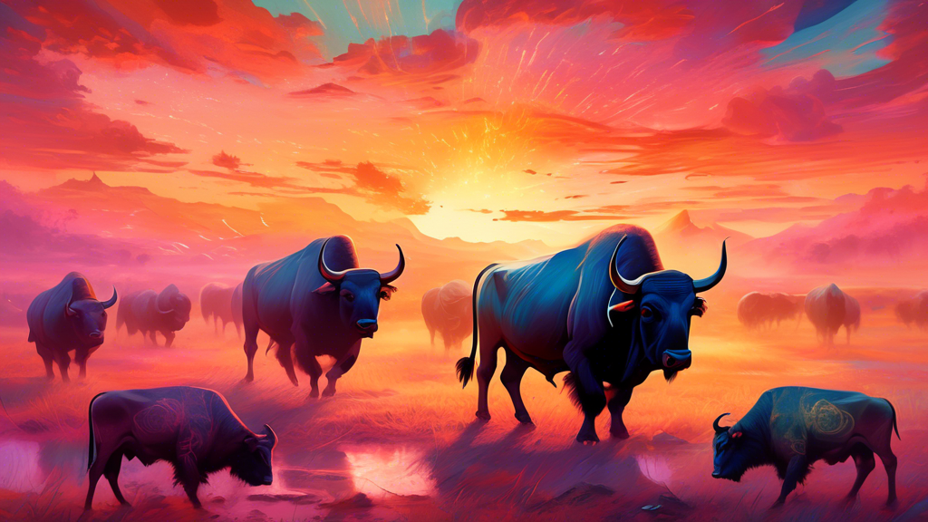 An ethereal landscape at sunset with a herd of buffaloes, each one emitting a soft, glowing aura. In the background, ancient symbols and scripts float in the air, symbolizing spiritual meanings connec