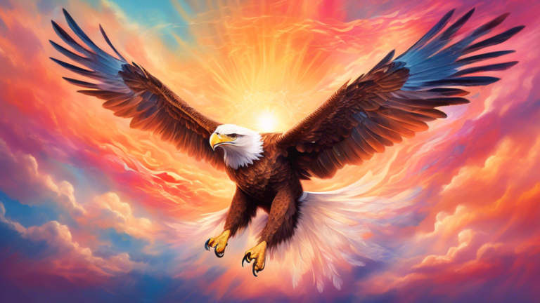 An ethereal, majestic eagle soaring across a vast, sunset-kissed sky, with translucent wings that shimmer in radiant light, embodying symbols of spiritual power and freedom, interspersed with delicate
